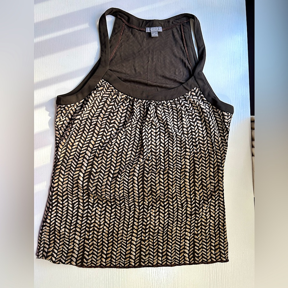Ann Taylor sleeveless top brown herringbone pattern Sz MP